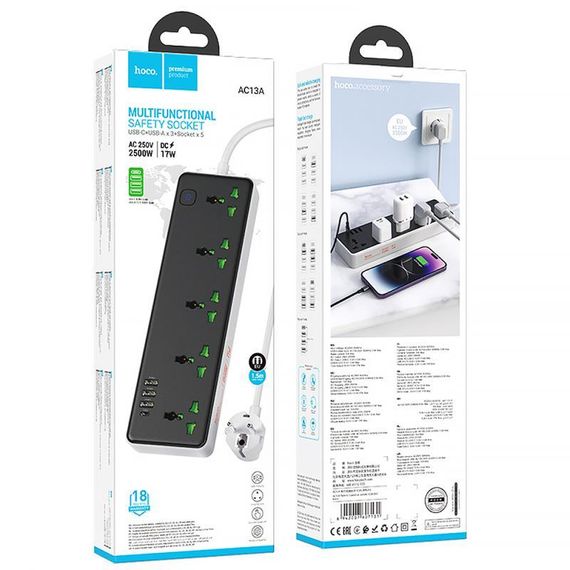 Подовжувач Hoco AC13A Safety Socket (3USB-A/1C/5xSocket) (1.5m) Black | Зображення 3