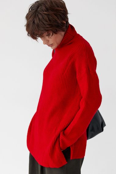 В'язана туніка в рубчик із високою горловиною - червоний цвет, ONE SIZE (є розміри) | Зображення 4
