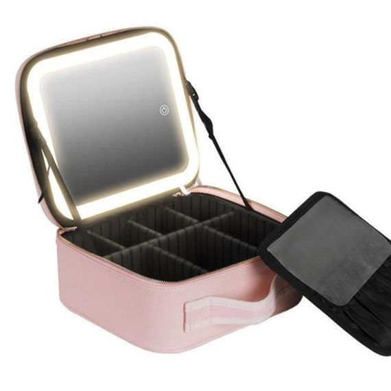 Портативна косметичка органайзер дорожній бьюті кейс з ручкою для з дзеркалом та LED-підсвічуванням рожевий | Зображення 5