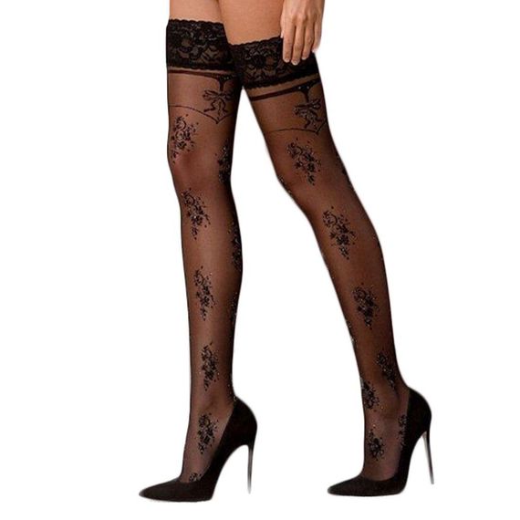 Панчохи Passion ST119 чорні, на ажурній силіконовій резинці, з квітковим декором та люрексовою нит, 5