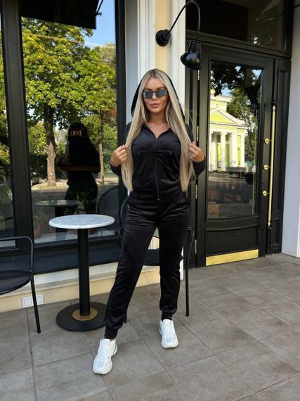 Жіночий спортивний велюровий костюм на блискавці з капюшоном штани на манжеті колір чорний розмір 50/52  Mon2052