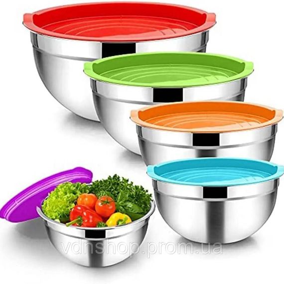 Набір металева миска з кришкою з нержавіючої сталі 5 штук для кухні природи миски ємності GR-24 | Зображення 1