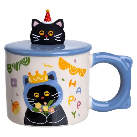 Кубок порцелянова з кришкою Kitten's Birthday 400 (мл) подарункова кружка прикольна чашка для дітей на подарунок Синій FM-24A