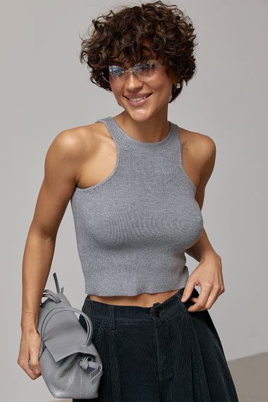 В'язана коротка майка в рубчик - сірий цвет, ONE SIZE (є розміри) | Зображення 4