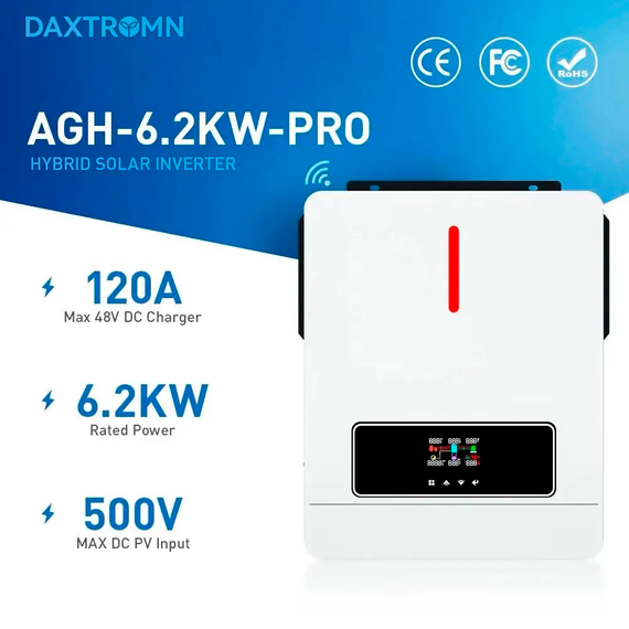Гибридный инвертор 6.2 кВт Daxtromn AGH-6.2KW-PRO, 48 В, ток заряда 120 А, для АКБ LiFePO4, Li-ion, Lead-acid | Зображення 1