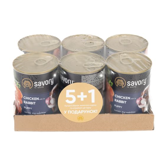 Набір 5+1 заводська упаковка Корм вологий Savory Dog All breeds Puppy Chicken rich in Rabbit паштет для цуценят усіх порід з