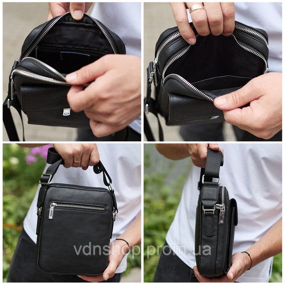 Сумка-барсетка мужская кожаная 24х20х8, компактный мессенджер для ежедневного использования, черная | Зображення 5