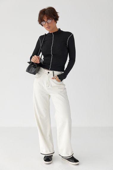 Лонгслів у рубчик з контрастними швами назовні - чорний цвет, XL (є розміри) | Зображення 2