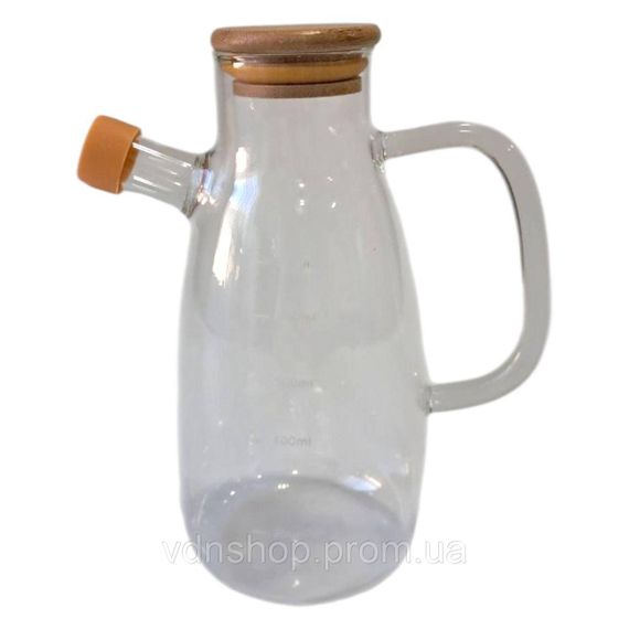 Скляна пляшка для олії та оцту з носиком і дозатором 650 мл, кришка з дерева, квадратна ручка HP-34-1-650 | Зображення 3