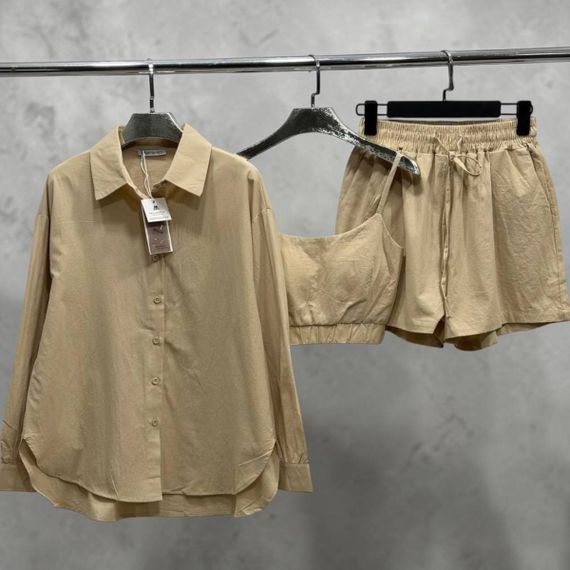 Костюм жіночий літній трійка сорочка з майкою та шорти Fashion 6931 20584 бежевий | Зображення 2