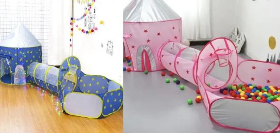 Детский игровой домик-палатка "Замок" 3в1 с туннелем и бассейном под шарики розовая | Зображення 3