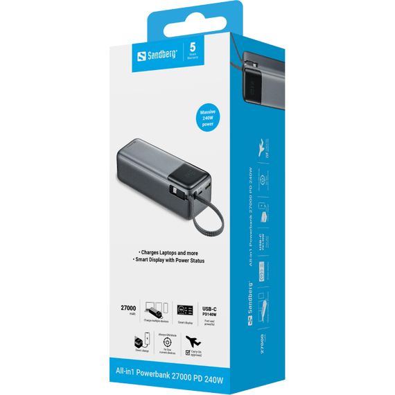 УМБ Sandberg 27000mAh 240W PD, USB-A, USB-C In/Out, with built-in Type-C cable 140W | Зображення 6
