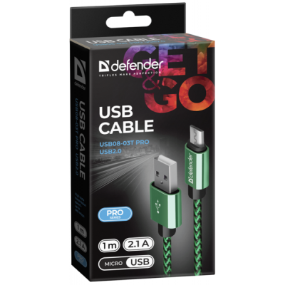Дата кабель USB 2.0 AM to Micro 5P 1.0m USB08-03T green Defender (87804) | Зображення 2