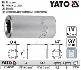 Переходник для насадок викруткових YATO Польща перехідник 1/4" HEX- 1/4" YT-12971