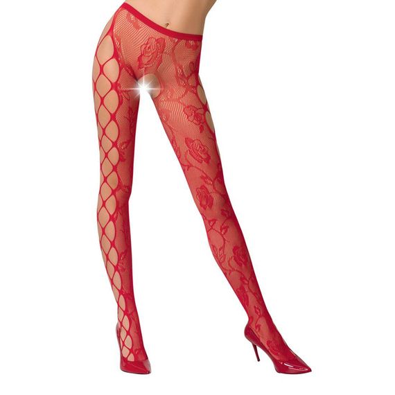 Еротичні колготки-бодістокінг Passion S008 red, ажурні колготки з вирізом та лампасами-сіткою, S/M/L