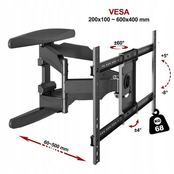 Настенный крепеж для телевизора для диагоналей 55"-85" поворотный кронштейн на стену V-Star S65 | Зображення 6