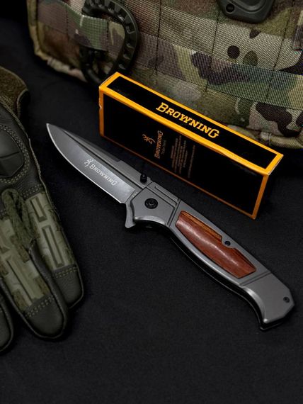 Ніж Browning BR3 складний напівавтоматичний з деревʼяною накладкою на рукоятці чорний/коричневий | Зображення 1