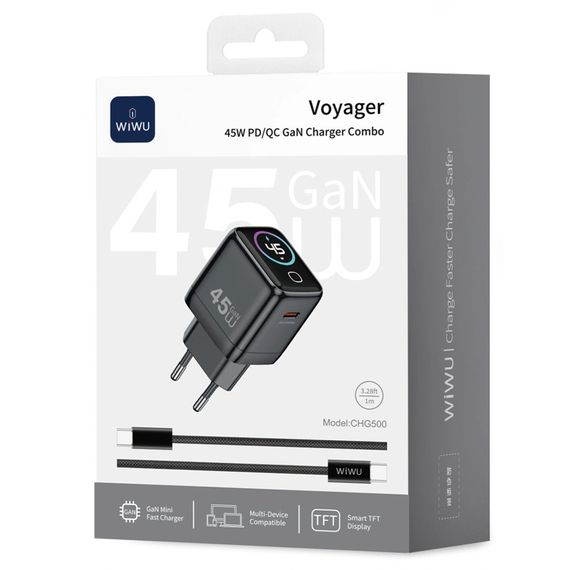 СЗУ WIWU CHG500 Voyager PD45W (1USB-C) + кабель Type-C to Type-C Grey | Зображення 3