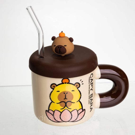 Кубок порцелянова з кришкою та трубочкою Капібара в лотосі 300 (мл) подарункова кружка прикольна чашка для дітей на подарунок