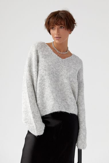 В'язаний джемпер з V-подібною горловиною - світло-сірий цвет, ONE SIZE (є розміри) | Зображення 4