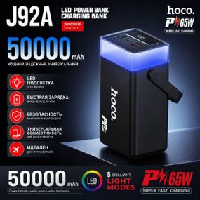 Повербанк HOCO J92A 50000 mAh PD 65W с LED-подсветкой и цифровым дисплеем, быстрая зарядка