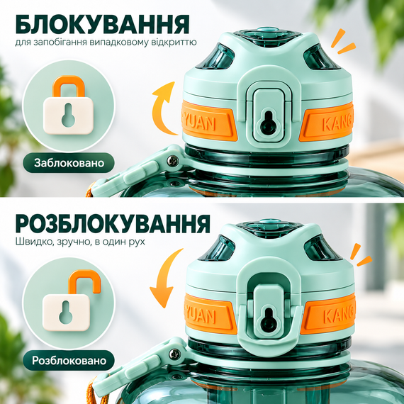 Бутылка для воды KANGZYUAN 1500 мл спортивная Tritan без BPA, ударопрочная, с ручкой и ремешком, зеленая | Зображення 7