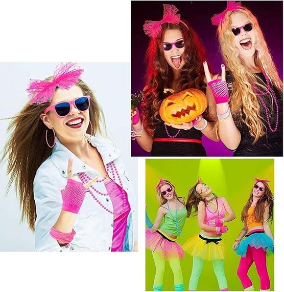 Набір рожевих аксесуарів у стилі 80-х обруч рукавички сережки намисто браслети, комплект для ретро образу на Хелловін, корпоратив | Зображення 5