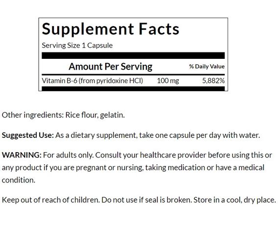 Пиридоксин Swanson Vitamin B6 Pyridoxine 100 mg 100 Caps | Зображення 1