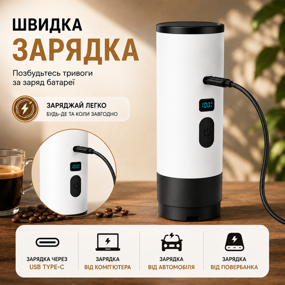 Портативная кофеварка эспрессо с подогревом воды 18 бар аккумуляторная 7800mAh для капсул и молотого кофе. Белая | Зображення 3