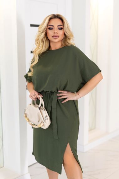 Женское летнее платье миди с коротким рукавом с разрезом и поясом GF9037 цвет хаки размер 42/44