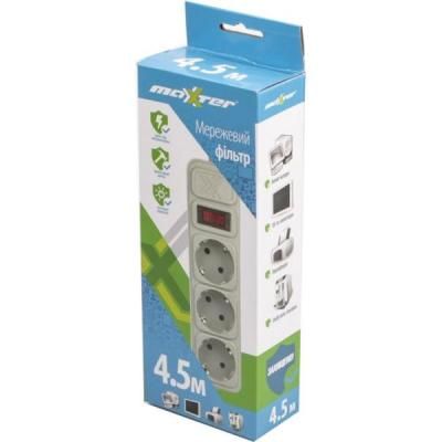 Мережевий фільтр живлення Maxxter SPM3-G-15G grey, 4.5 м кабель, 3 розетки (SPM3-G-15G) | Зображення 1