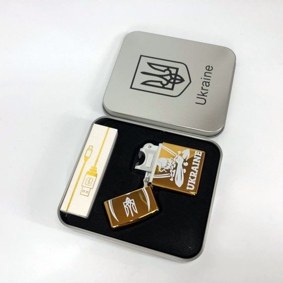 Дугова електроімпульсна запальничка USB Україна (металева коробка) HL-449. Колір: золотий | Зображення 2
