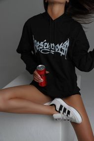 Женское теплое худи оверсайз с рожками на флисе, RO124/1, цвет черный, размер 42/46