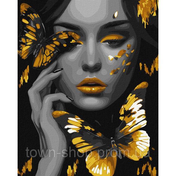 Картина по номерам "Девушка с золотыми бабочками" ©art_selena_ua Идейка KHO8307 40х50 см с красками металлик