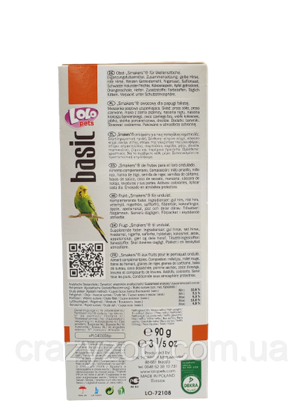 Ласощі для хвилястих папуг Lolo Pets Smakers з фруктами 90 г LO-72108 | Зображення 1