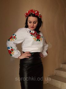 Вышиванка женская , вышивка тамбурная , цветы ,  "красные маки с васильками и колосками" ,  домотканная ткань