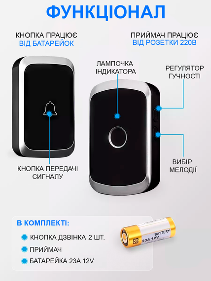 Дверний дзвінок бездротовий з 2-ма кнопками виклику Digital Lion WDB-01-1, до 300 метрів, чорний | Зображення 2