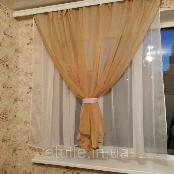 Готовая бежевая короткая пошитая тюль занавеска для кухни, веранды, гостинной | Зображення 1