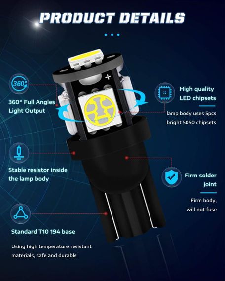 Білі світлодіодні лампи Alopee W5W, 501, T10, 194, 12 В, 5SMD, 5050 чипи, 7000 K (паковання 15 шт.) | Зображення 5