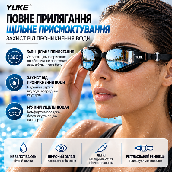 Набор для плавания YUKE: зеркальные очки Anti-Fog с силиконовой шапочкой, черные с черным ремешком | Зображення 3