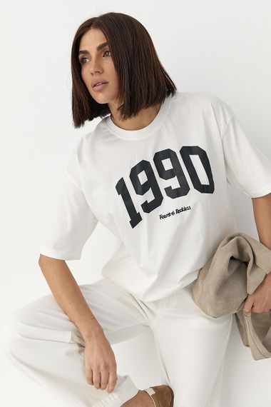 Футболка oversize з принтом 1990 - молочний цвет, ONE SIZE (є розміри)