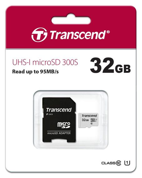 Карта памяти Transcend 32GB microSDHC C10 UHS-I R95/W20MB/s + SD адаптер (TS32GUSD300S-A) | Зображення 1