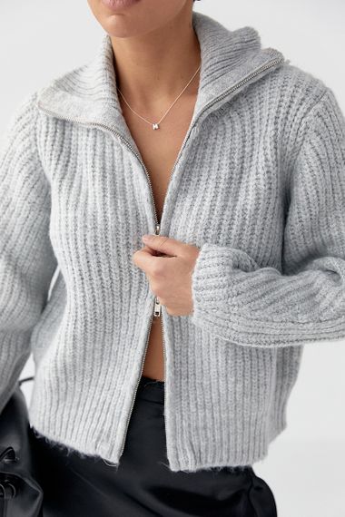 Кардиган на блискавці з крупної в'язки - сірий цвет, ONE SIZE (є розміри) | Зображення 3