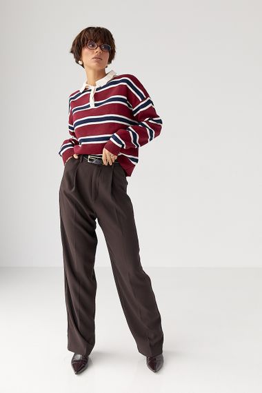 Кофта-поло у смужку вільного фасону - темно-червоний цвет, ONE SIZE (є розміри) | Зображення 2