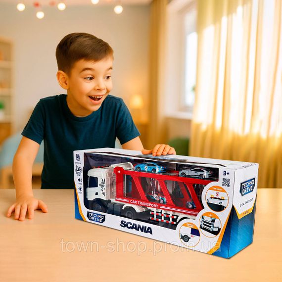 Игровой набор серии Large Truck – Автоперевозчик Scania (4 машины, свет, звук) | Зображення 1