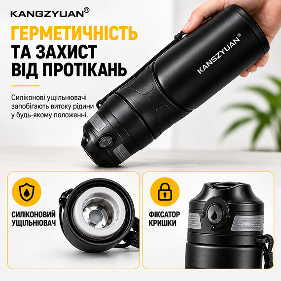 Термос-бутылка KANGZYUAN 450 мл (0,45 л), вакуумная, из нержавеющей стали 316, герметичная, с ситечком, черная | Зображення 4