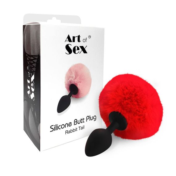 Силіконова анальна пробка М Art of Sex - Silicone Bunny Tails Butt plug Red, діаметр 3,5 см | Зображення 2