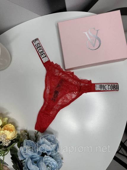 Женские кружевные стринги Victoria`s Secret со стразами, бикини стринги Виктория Сикрет XL, Красный | Зображення 2