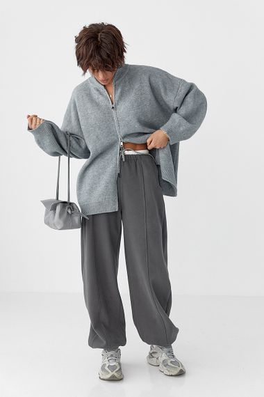 Теплі спортивні штани палаццо з подвійним поясом - темно-сірий цвет, L (є розміри) | Зображення 2