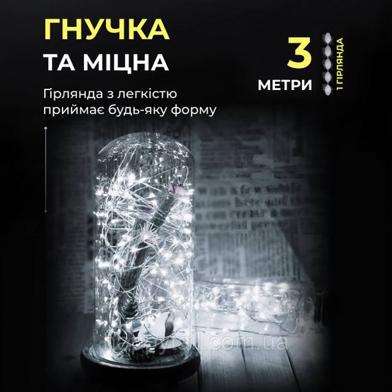 Світлодіодна гірлянда Роса 3 метри на батарейках 30 led нитка на зеленому дроті біла 30L3MGW | Зображення 1